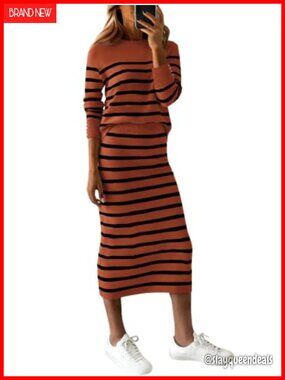 Women's 2 Piece Knit Skirt Set Long Sleeve Striped Sweater Midi Skirt Lounge